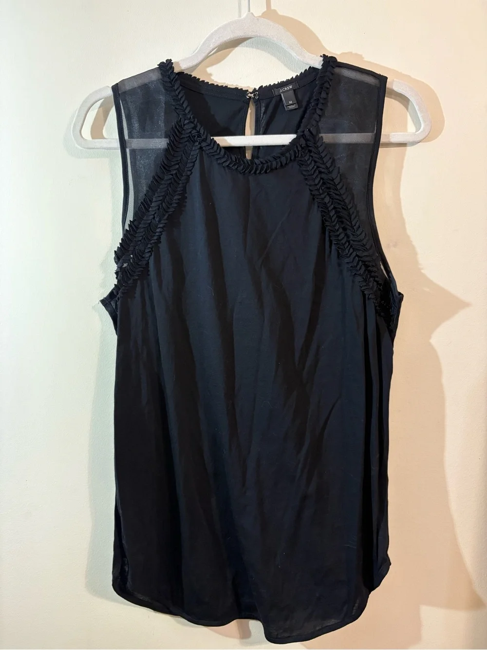 J.Crew black sleeveless blouse women’s Medium sheer delicate ruffle Braided Trim